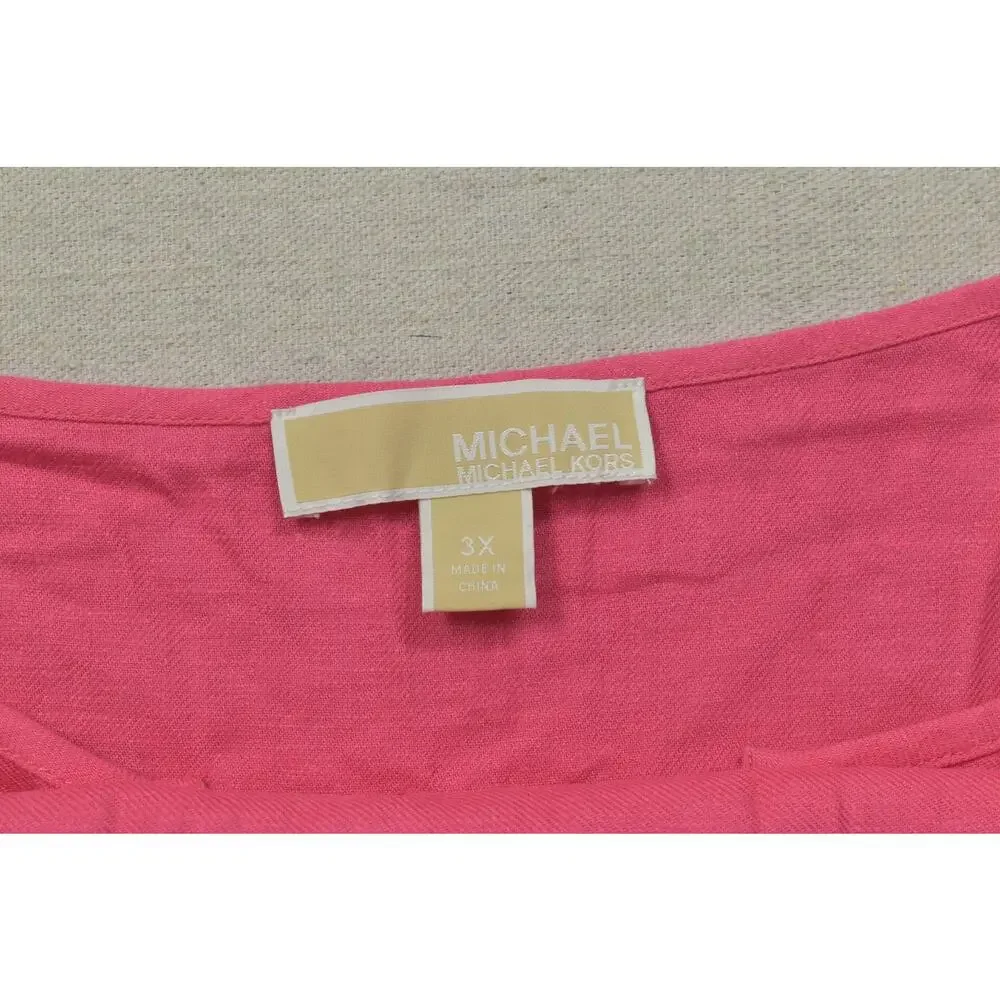 Michael Kors Women Plus 3X Pink Linen Blend V-Neck Side Tie Short Sleeve Blouse